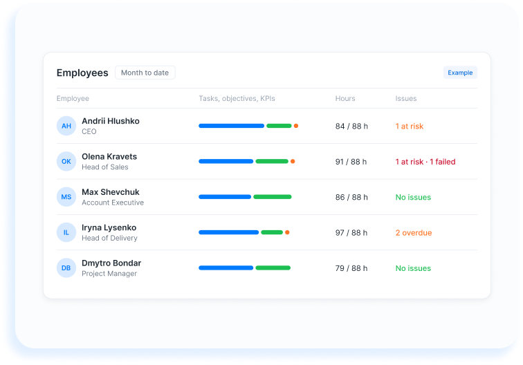 Employee performance list with tasks, objectives, KPIs, hours and issues per person Employee performance list with tasks, objectives, KPIs, hours and issues per person