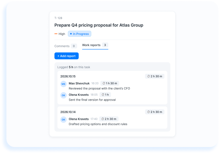 Work report logged inside a task with time spent and date Work report logged inside a task with time spent and date